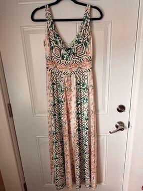 White House Black Market Cream Maxi Dress with Pink & Green Print
